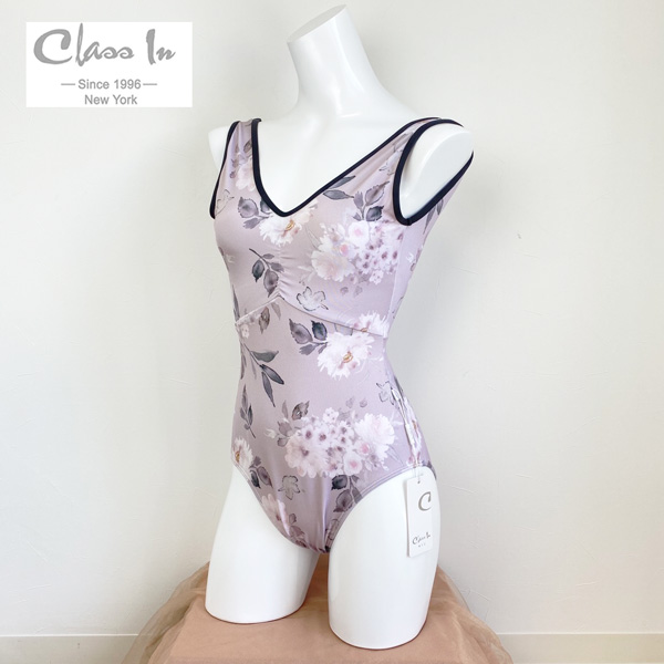 Class In クラスイン 全面花柄 タンク型レオタード 淡いカラーと黒のパイピング Cidance